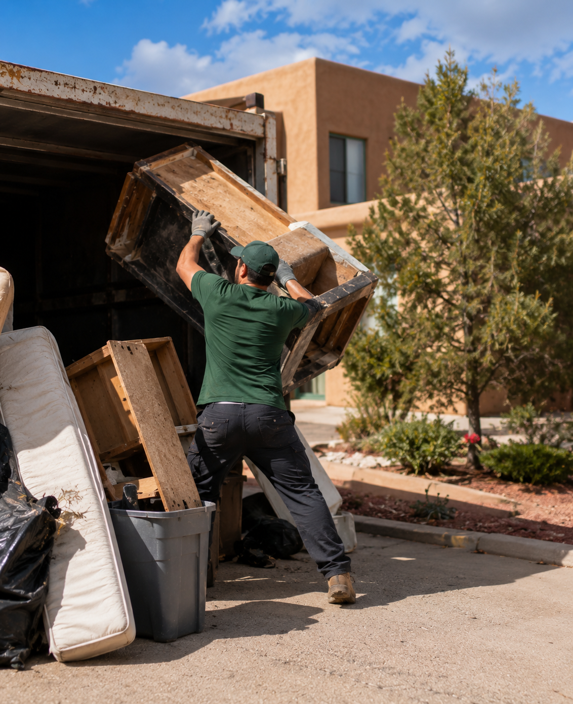 Crew clearing a cluttered garage during a cleanout in Santa Fe