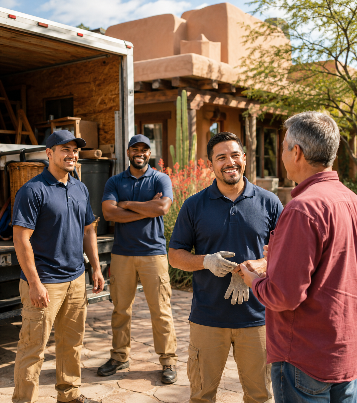 Crew hauling an old refrigerator out of a Santa Fe kitchen